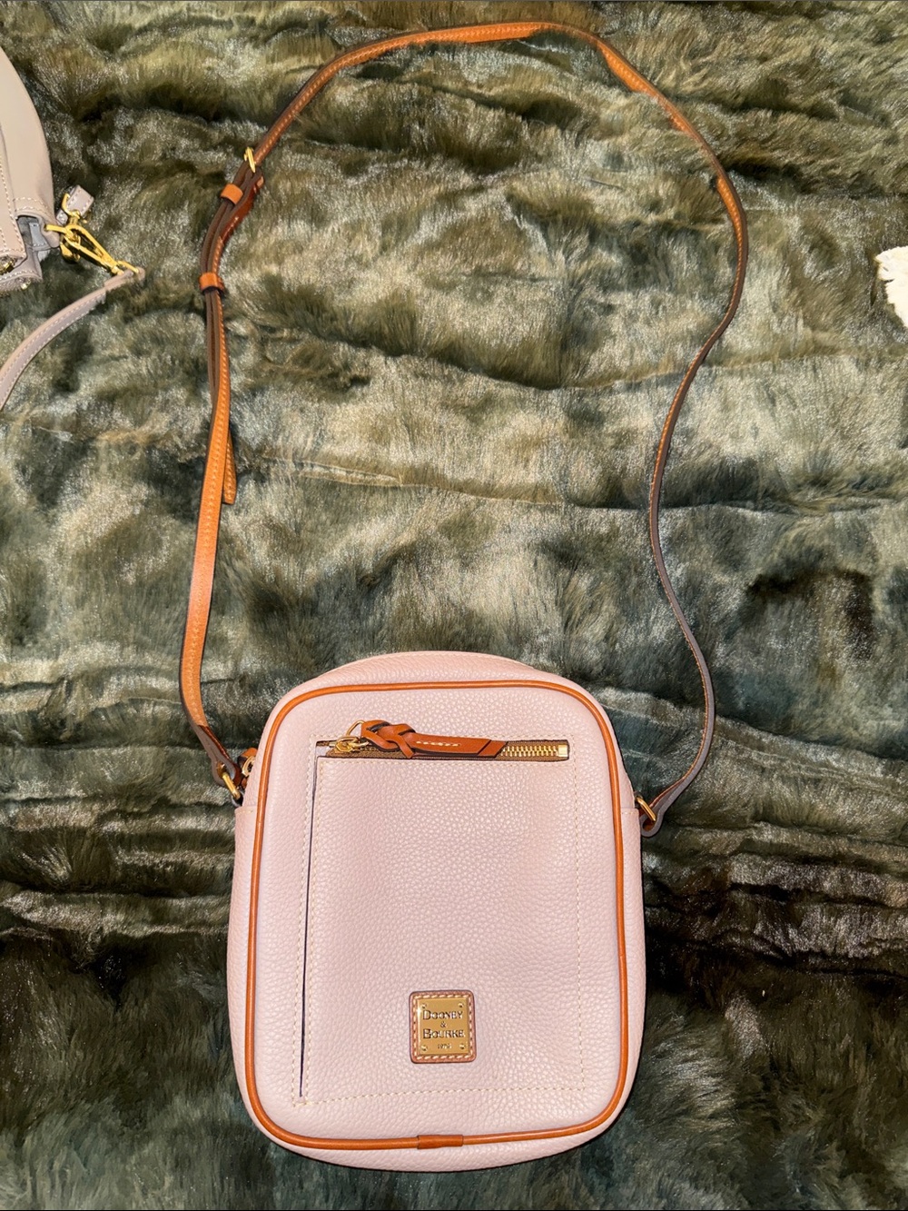 Dooney & Bourke Oyster Pebble Leather Camera Crossbody with Tan Trim